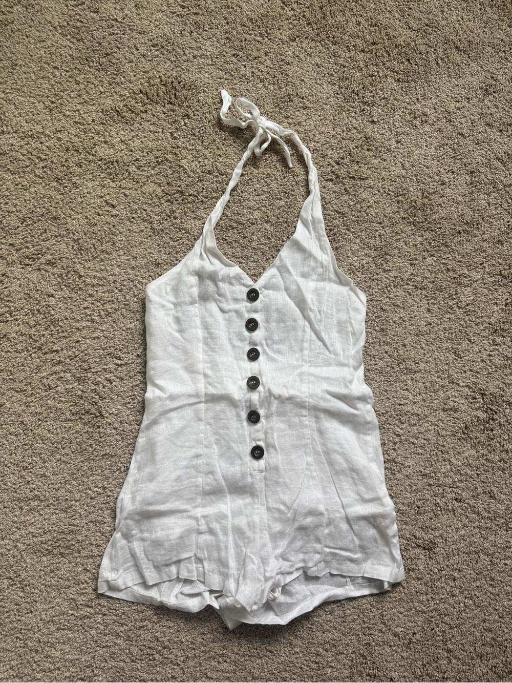 White Linen Halter Romper with Front Buttons